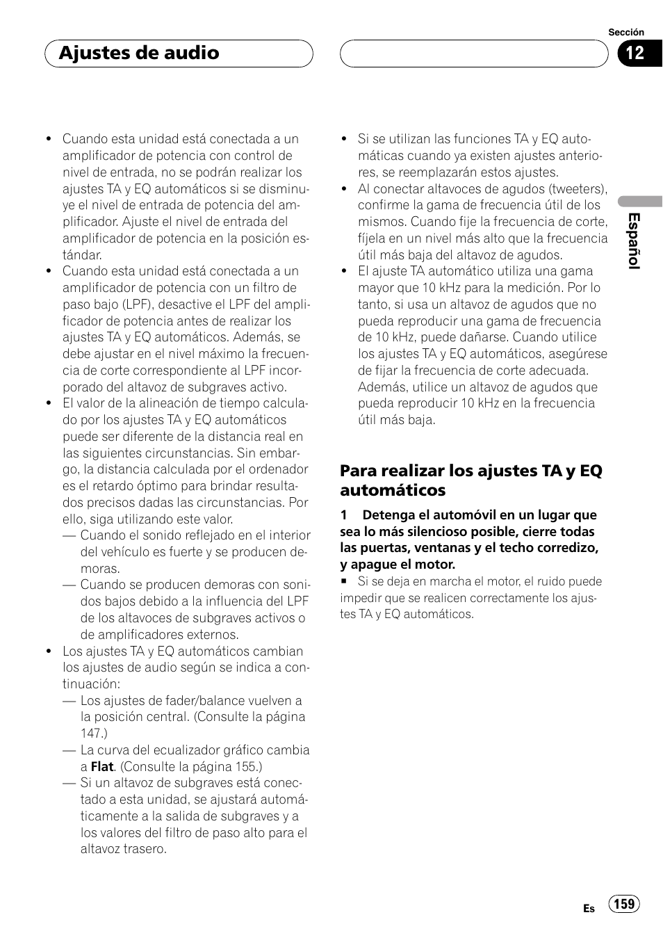 Para realizar los ajustes ta y eq, Automáticos, Ajustes de audio | Para realizar los ajustes ta y eq automáticos | Pioneer DEH-P88RS-II User Manual | Page 159 / 180