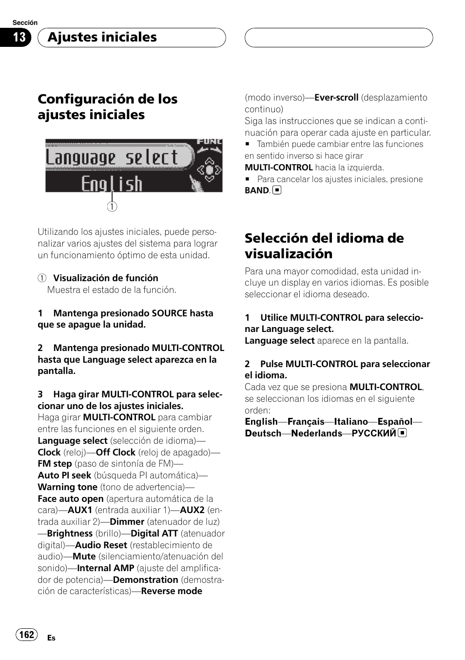 Selección del idioma de visualización, Ajustes iniciales, Configuración de los ajustes iniciales | Pioneer DEH-P88RS-II User Manual | Page 162 / 180