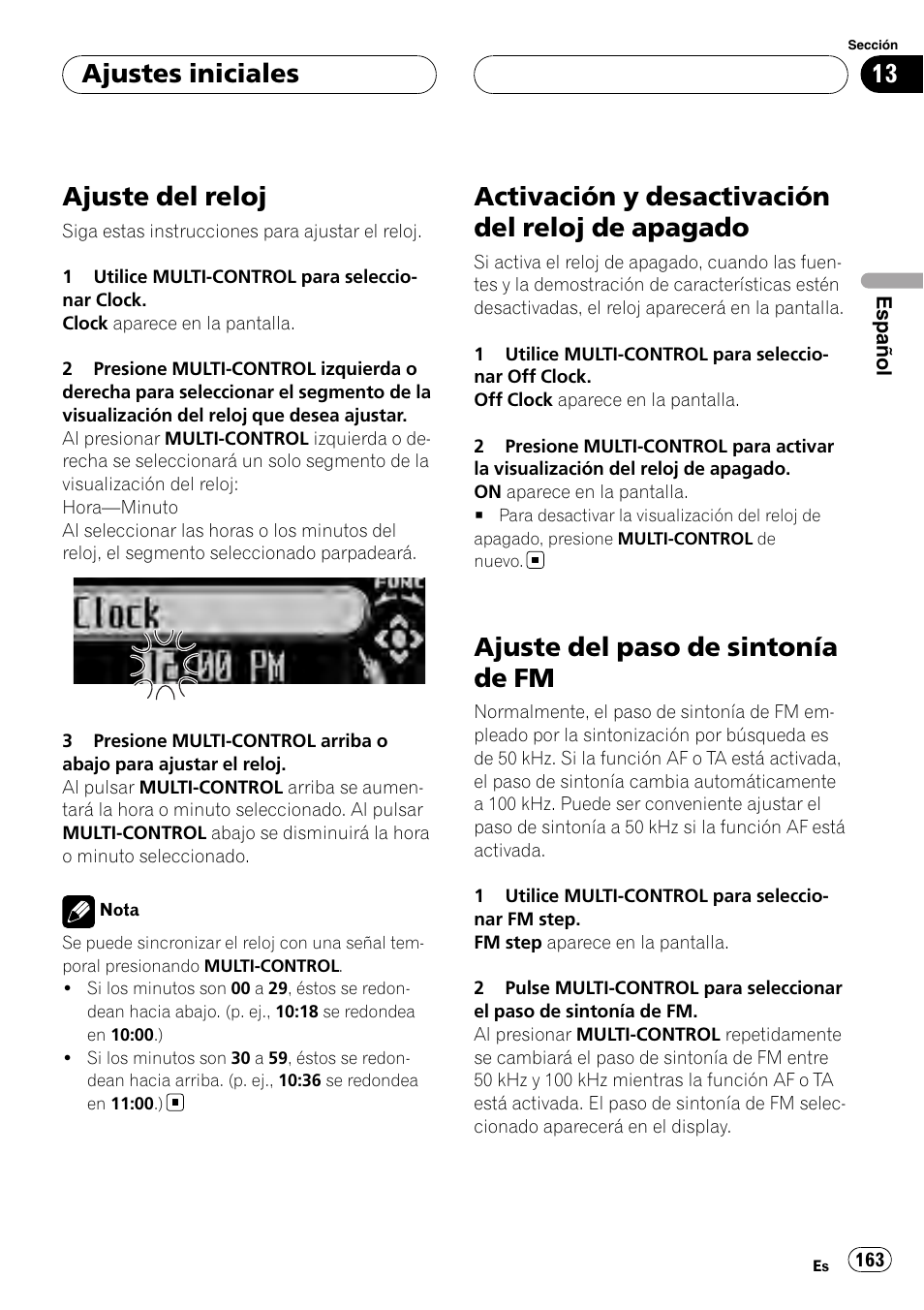 Ajuste del reloj, Activación y desactivación del reloj de, Apagado | Ajuste del paso de sintonía de fm, Activación y desactivación del reloj de apagado, Ajustes iniciales | Pioneer DEH-P88RS-II User Manual | Page 163 / 180