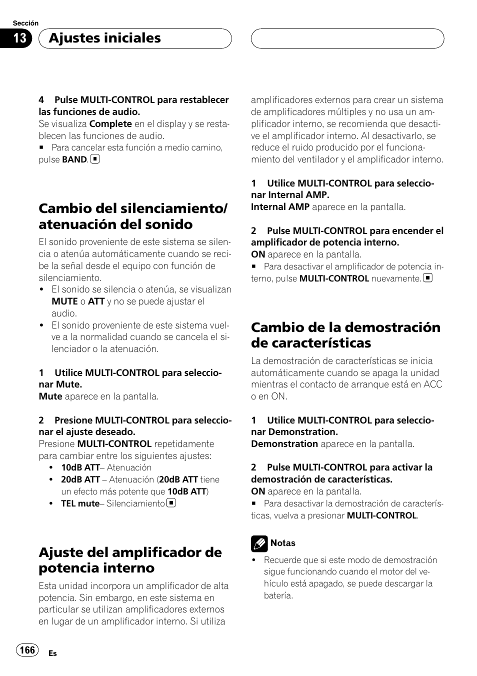 Cambio del silenciamiento/atenuación del, Sonido, Ajuste del amplificador de potencia | Interno, Cambio de la demostración de, Características, Cambio de la demostración de carac- terísticas, Cambio del silenciamiento/ atenuación del sonido, Ajuste del amplificador de potencia interno, Cambio de la demostración de características | Pioneer DEH-P88RS-II User Manual | Page 166 / 180