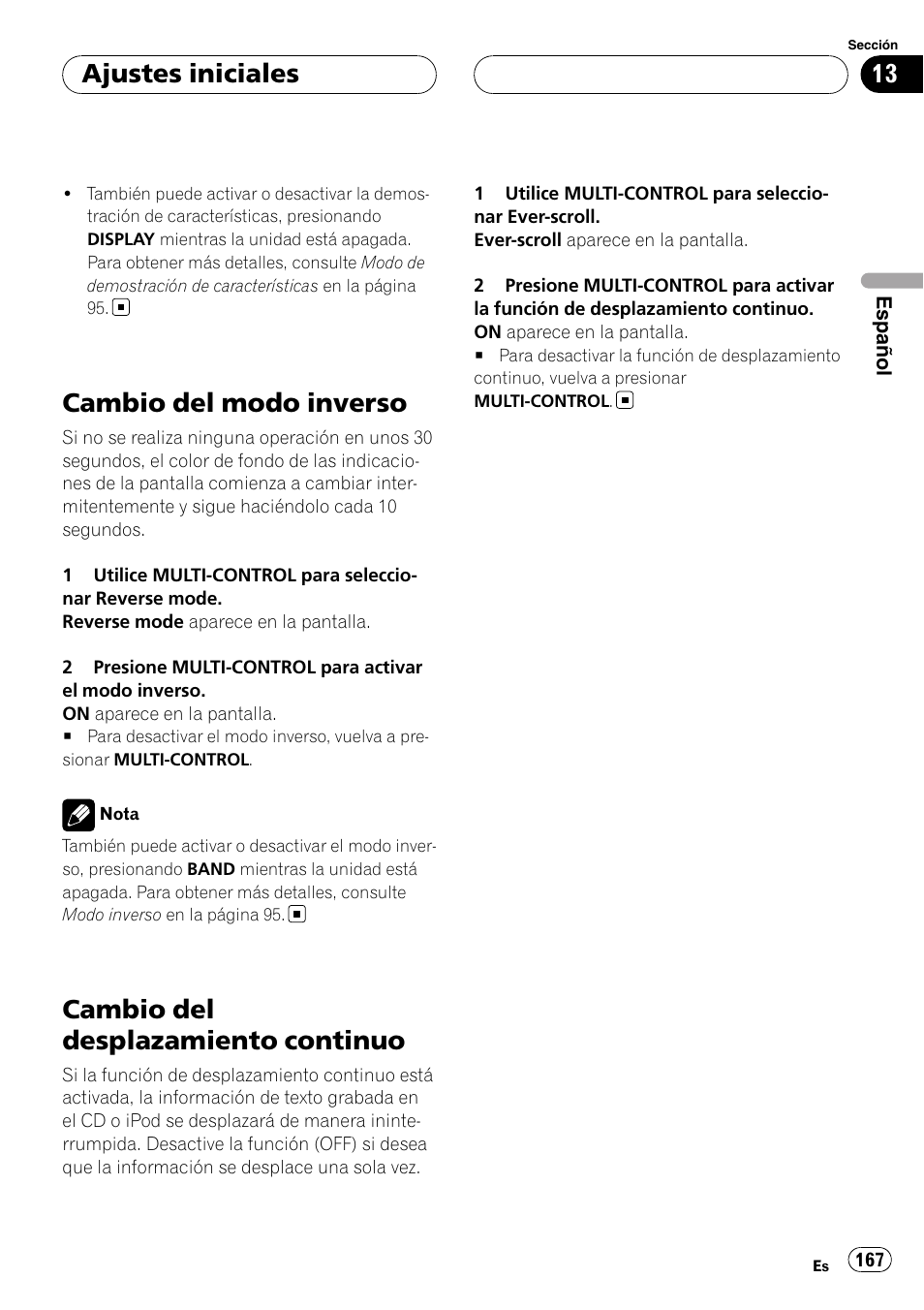 Cambio del modo inverso, Cambio del desplazamiento continuo, Ajustes iniciales | Pioneer DEH-P88RS-II User Manual | Page 167 / 180