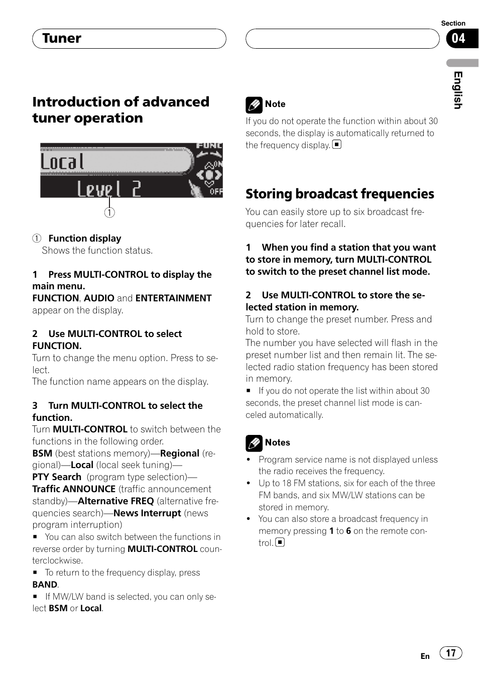 Introduction of advanced tuner, Operation, Storing broadcast frequencies | Introduction of advanced tuner operation, Tuner | Pioneer DEH-P88RS-II User Manual | Page 17 / 180