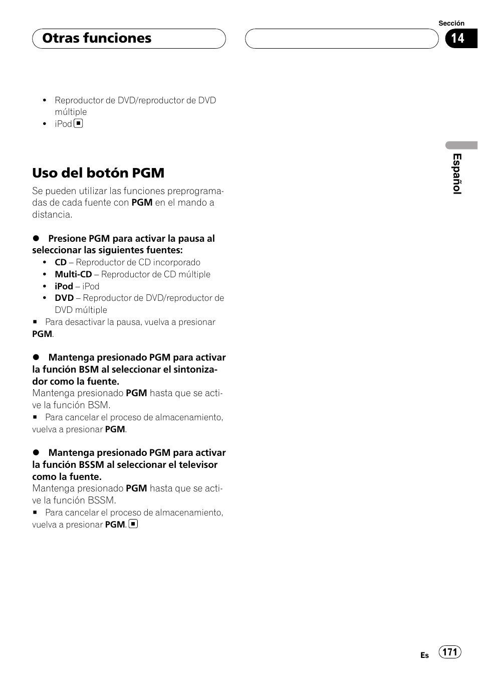 Uso del botón pgm, Otras funciones | Pioneer DEH-P88RS-II User Manual | Page 171 / 180