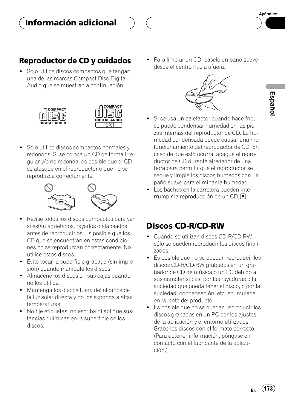 Reproductor de cd y cuidados, Discos cd-r/cd-rw, Información adicional | Pioneer DEH-P88RS-II User Manual | Page 173 / 180