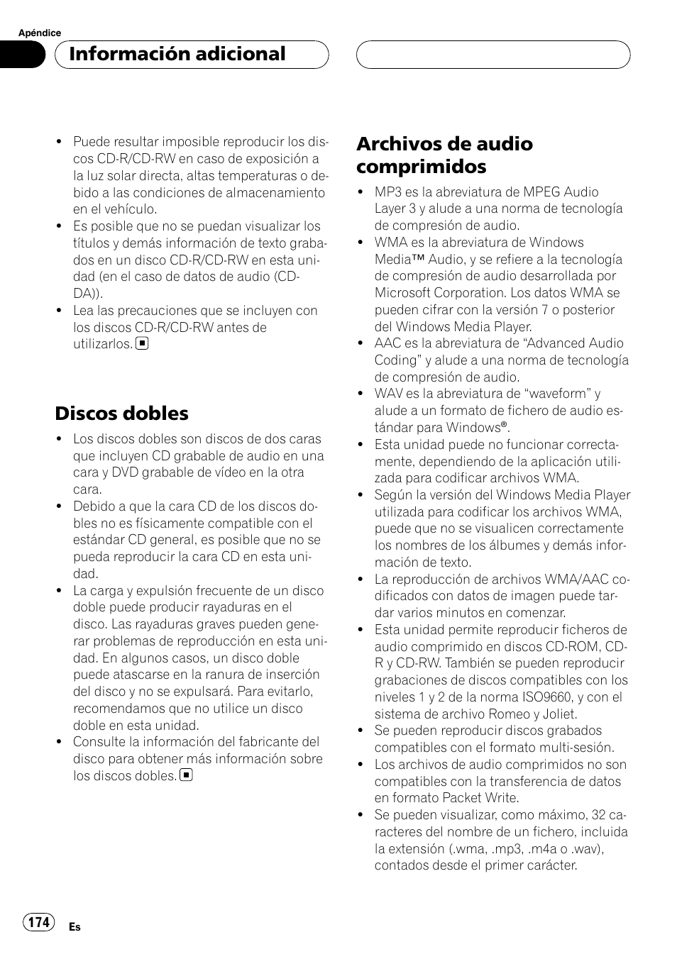 Discos dobles, Archivos de audio comprimidos, Información adicional | Pioneer DEH-P88RS-II User Manual | Page 174 / 180