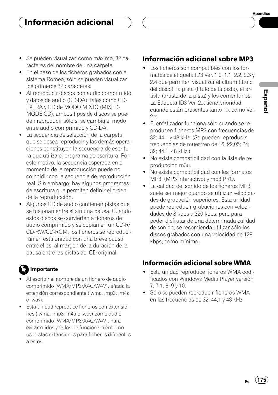 Información adicional sobre mp3 175, Información adicional sobre, Información adicional | Información adicional sobre mp3, Información adicional sobre wma | Pioneer DEH-P88RS-II User Manual | Page 175 / 180