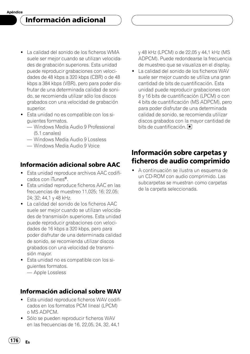 Información adicional sobre aac 176, Información adicional sobre wav 176, Información sobre carpetas y ficheros de | Audio comprimido, Información adicional, Información adicional sobre aac, Información adicional sobre wav | Pioneer DEH-P88RS-II User Manual | Page 176 / 180