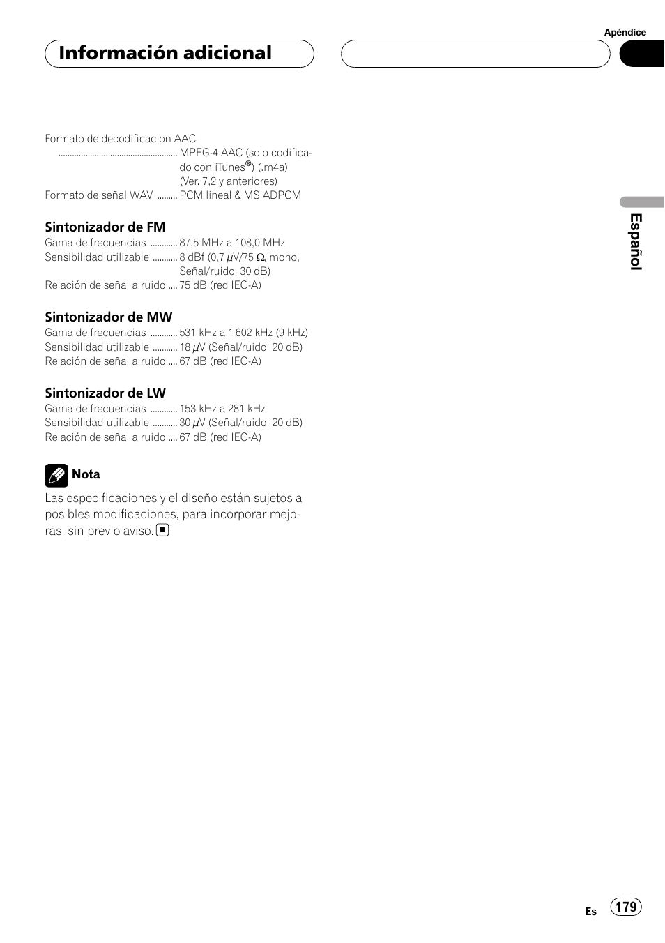 Información adicional, Español | Pioneer DEH-P88RS-II User Manual | Page 179 / 180