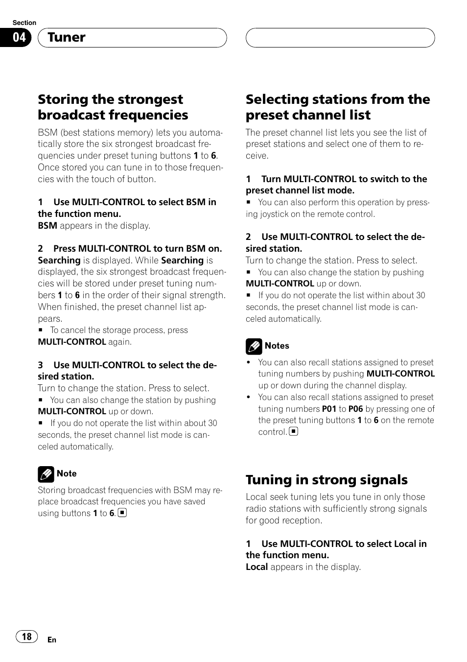 Storing the strongest broadcast, Frequencies, Selecting stations from the preset channel | List, Tuning in strong signals, Storing the strongest broadcast frequencies, Selecting stations from the preset channel list, Tuner | Pioneer DEH-P88RS-II User Manual | Page 18 / 180