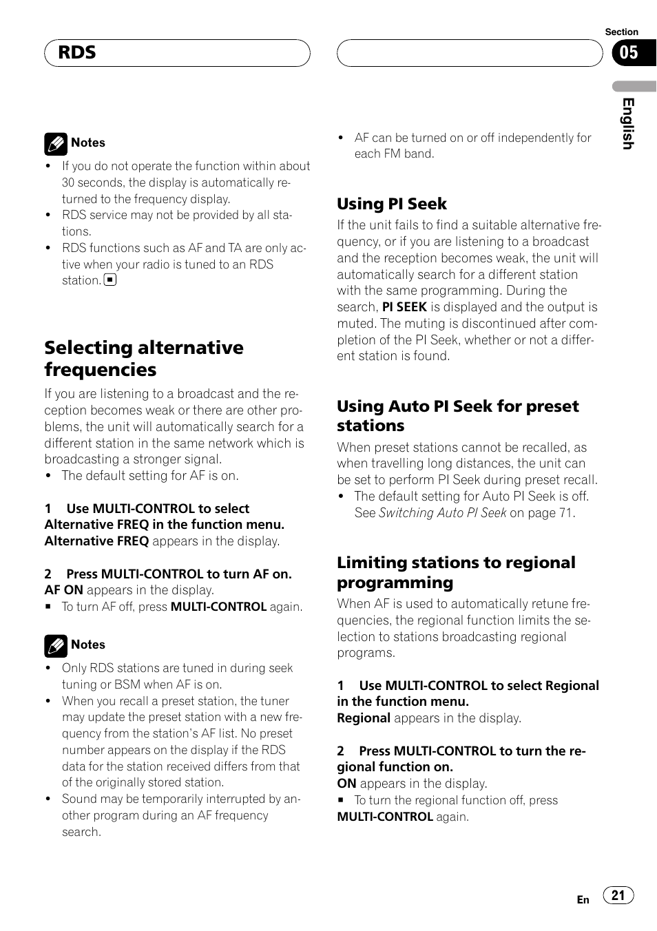 Selecting alternative frequencies, Using pi seek 21, Using auto pi seek for preset | Stations, Limiting stations to regional, Programming, Using pi seek, Using auto pi seek for preset stations, Limiting stations to regional programming | Pioneer DEH-P88RS-II User Manual | Page 21 / 180