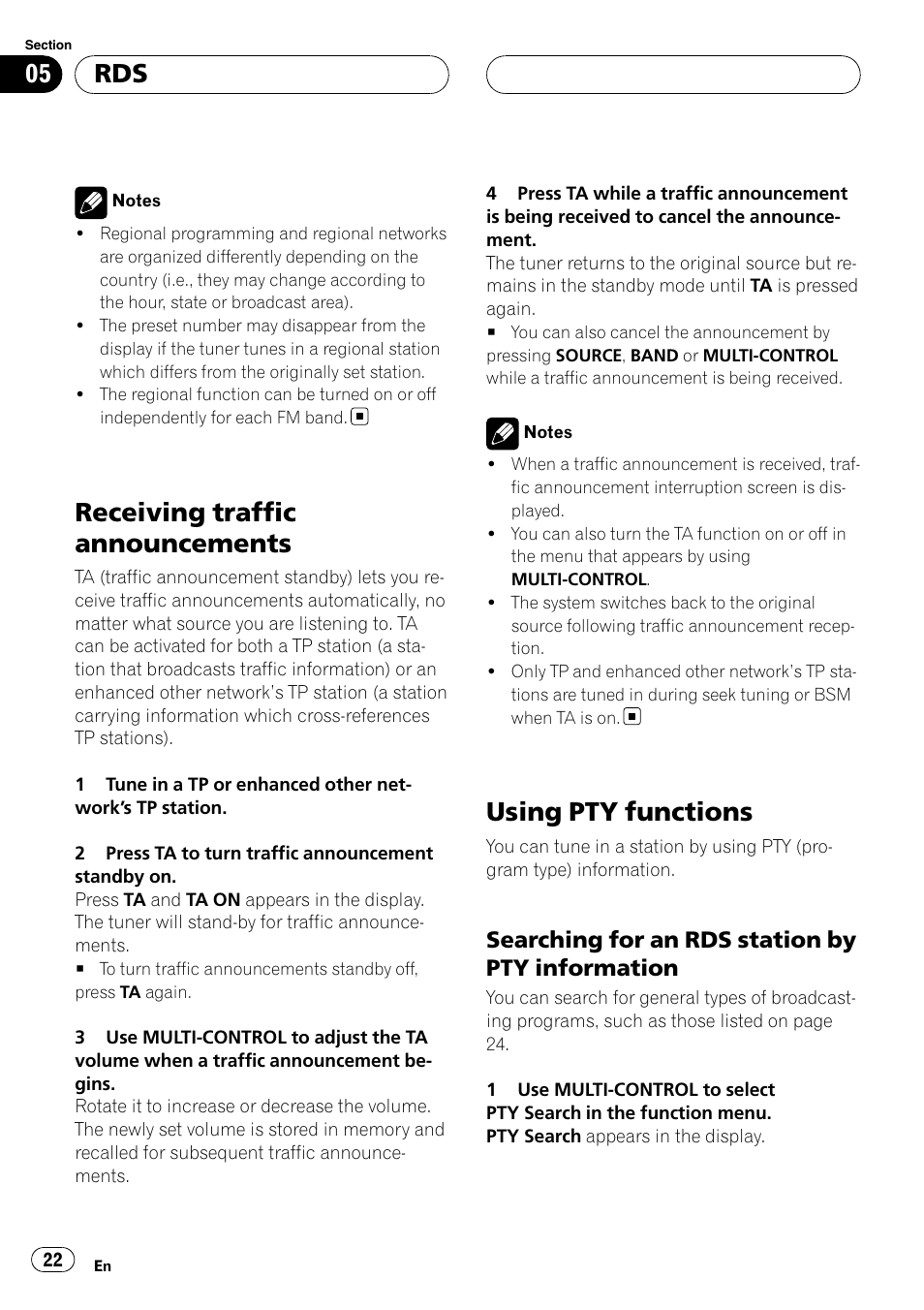 Receiving traffic announcements, Using pty functions, Searching for an rds station by pty | Information, Searching for an rds station by pty information | Pioneer DEH-P88RS-II User Manual | Page 22 / 180