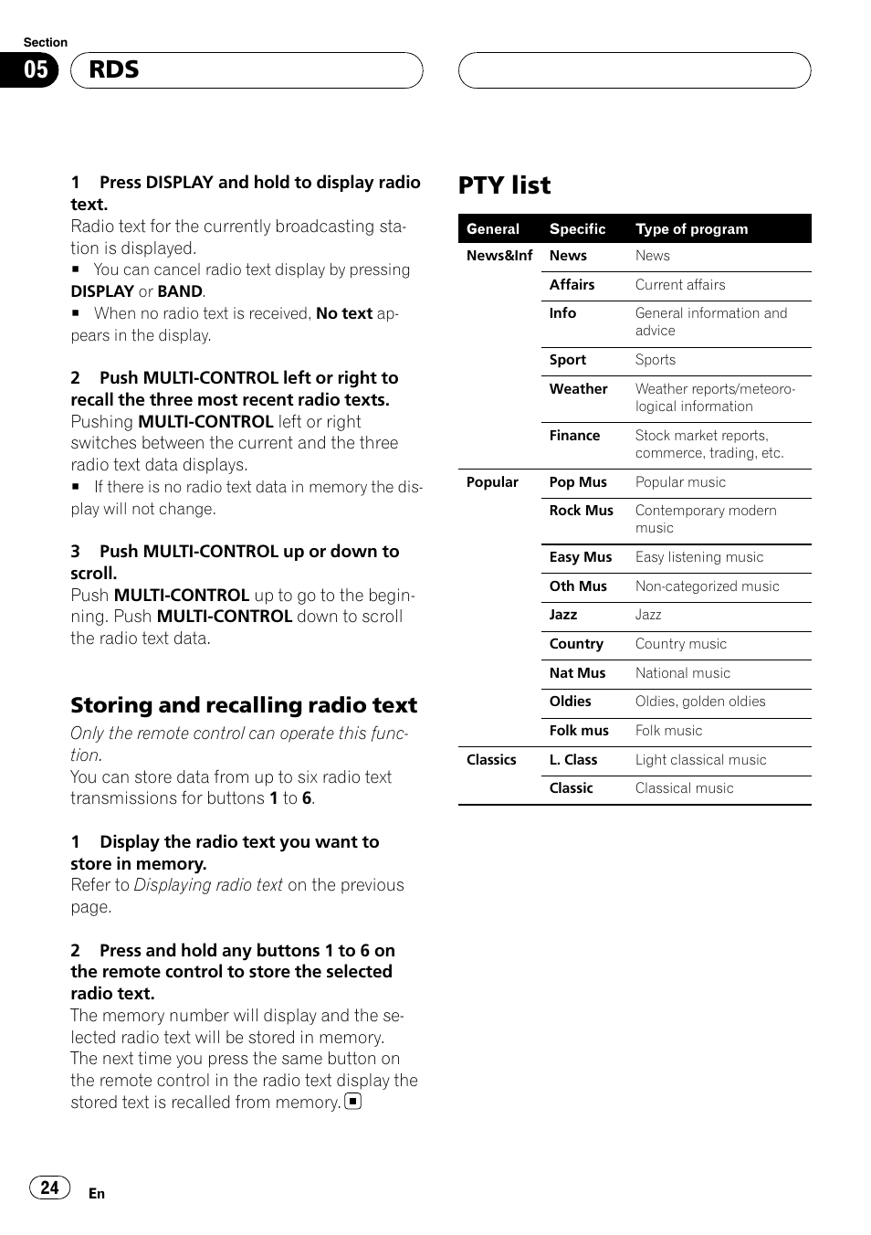 Storing and recalling radio text 24, Pty list, Storing and recalling radio text | Pioneer DEH-P88RS-II User Manual | Page 24 / 180