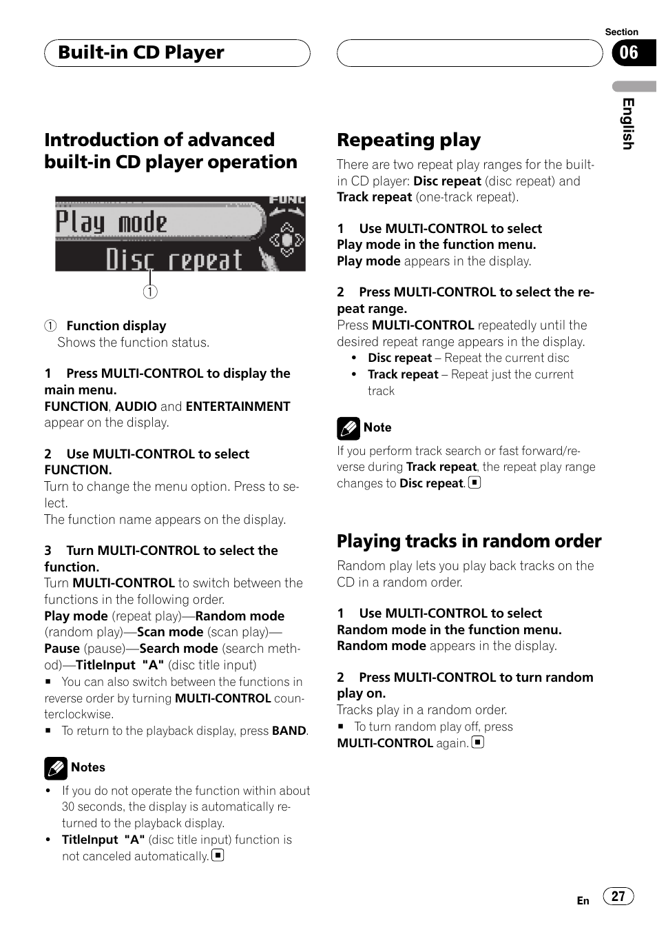 Introduction of advanced built-in cd player, Operation, Repeating play | Playing tracks in random order, Built-in cd player | Pioneer DEH-P88RS-II User Manual | Page 27 / 180