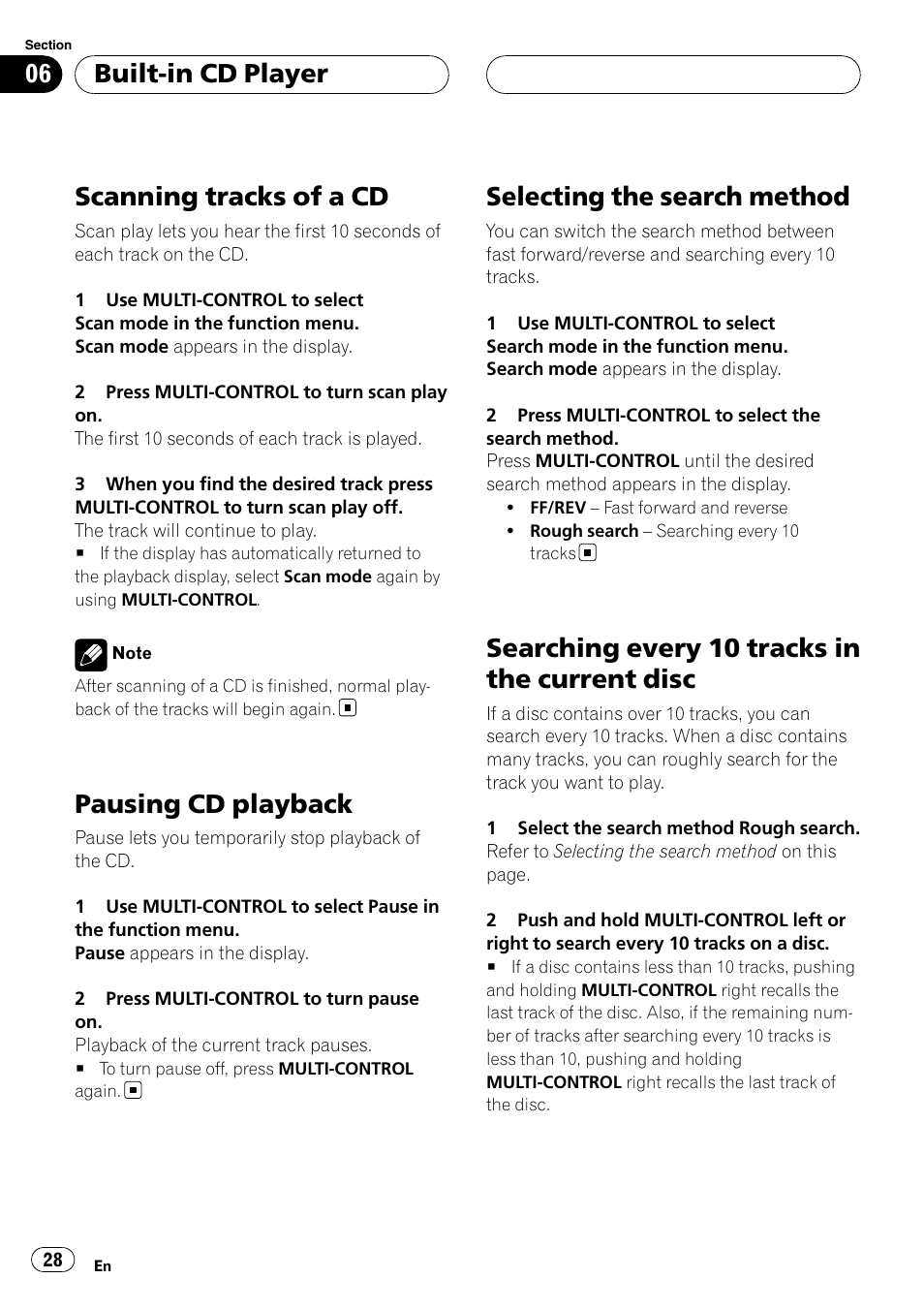 Scanning tracks of a cd, Pausing cd playback, Selecting the search method | Searching every 10 tracks in the current, Disc, Searching every 10 tracks in the current disc, Built-in cd player | Pioneer DEH-P88RS-II User Manual | Page 28 / 180