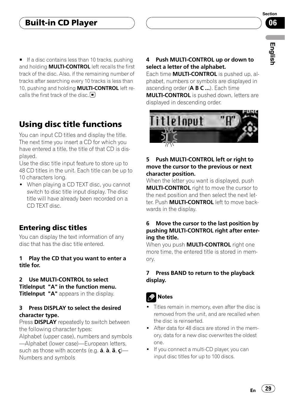 Using disc title functions, Entering disc titles 29, Built-in cd player | Entering disc titles | Pioneer DEH-P88RS-II User Manual | Page 29 / 180