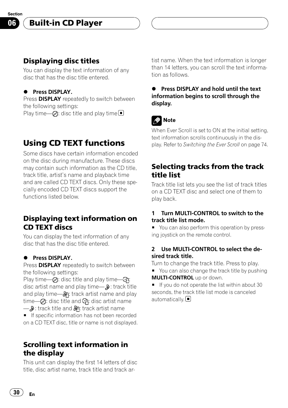Displaying disc titles 30, Using cd text functions, Displaying text information on cd text | Discs, Scrolling text information in the, Display, Selecting tracks from the track title, List, Built-in cd player | Pioneer DEH-P88RS-II User Manual | Page 30 / 180
