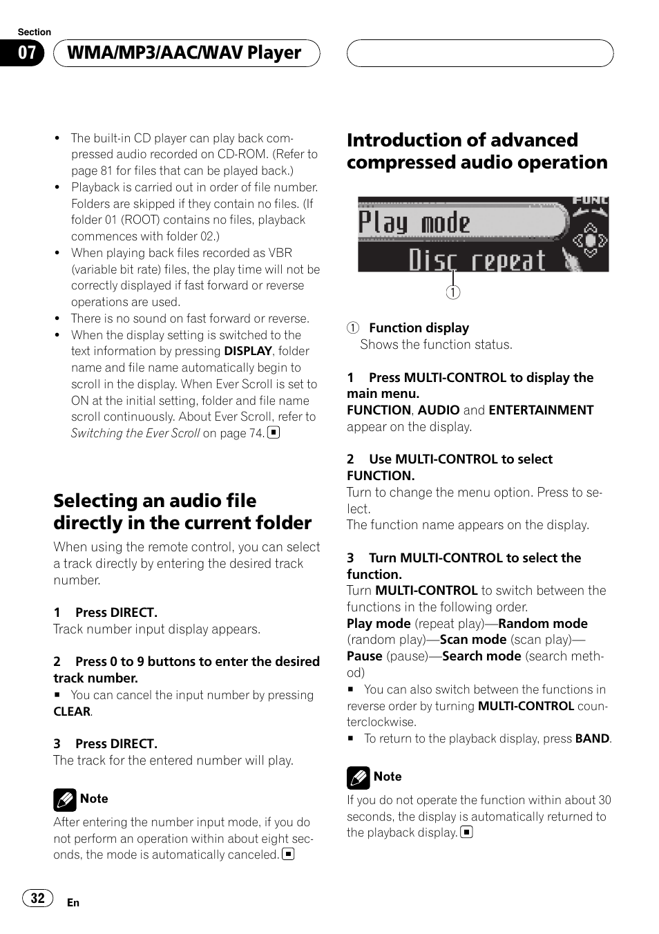 Selecting an audio file directly in the current, Folder, Introduction of advanced compressed audio | Operation, Wma/mp3/aac/wav player | Pioneer DEH-P88RS-II User Manual | Page 32 / 180