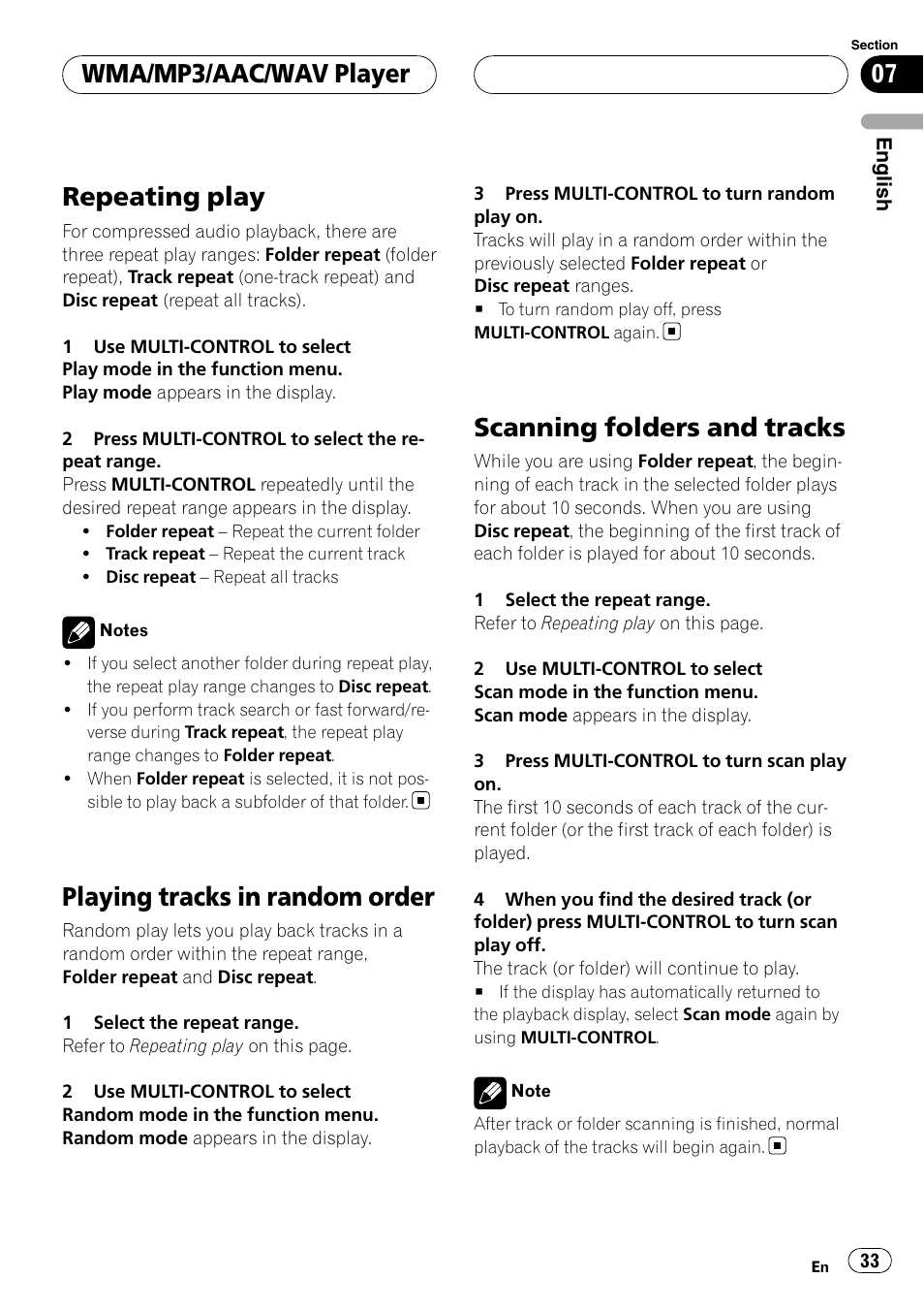 Repeating play, Playing tracks in random order, Scanning folders and tracks | Wma/mp3/aac/wav player | Pioneer DEH-P88RS-II User Manual | Page 33 / 180