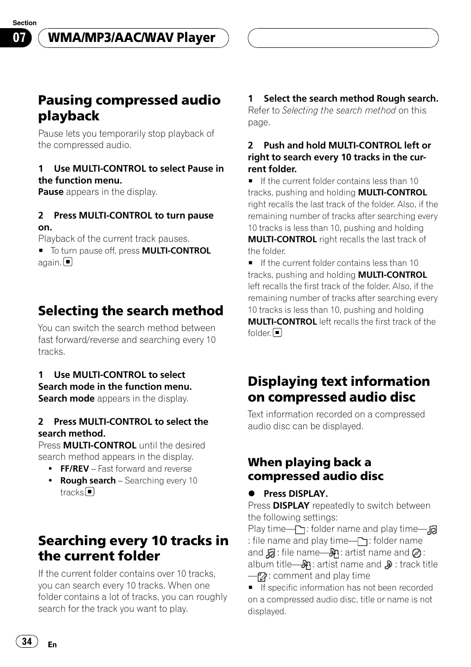 Pausing compressed audio playback, Selecting the search method, Searching every 10 tracks in the current | Folder, Displaying text information on compressed, Audio disc, When playing back a compressed, Searching every 10 tracks in the current folder, Wma/mp3/aac/wav player | Pioneer DEH-P88RS-II User Manual | Page 34 / 180