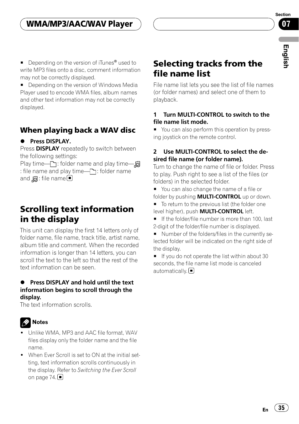 When playing back a wav disc 35, Scrolling text information in the display, Selecting tracks from the file name list | Wma/mp3/aac/wav player, When playing back a wav disc | Pioneer DEH-P88RS-II User Manual | Page 35 / 180