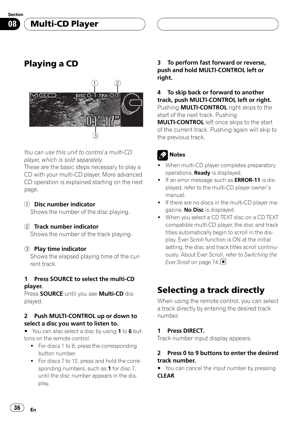 Multi-cd player playing a cd, Selecting a track directly, Playing a cd | Multi-cd player | Pioneer DEH-P88RS-II User Manual | Page 36 / 180