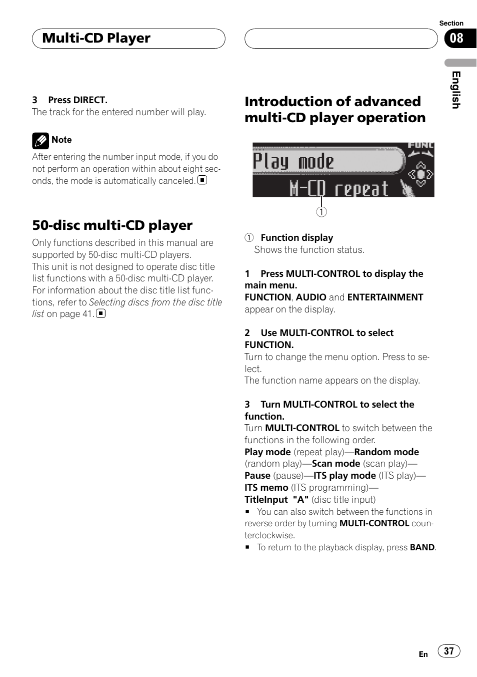 Disc multi-cd player, Introduction of advanced multi-cd player, Operation | Introduction of advanced multi-cd player operation, Multi-cd player | Pioneer DEH-P88RS-II User Manual | Page 37 / 180