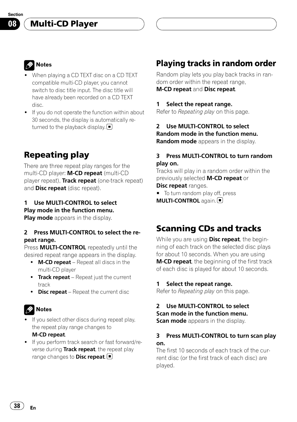 Repeating play, Playing tracks in random order, Scanning cds and tracks | Multi-cd player | Pioneer DEH-P88RS-II User Manual | Page 38 / 180