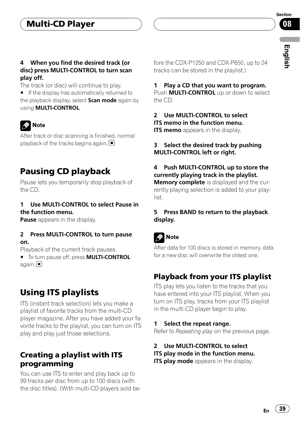 Pausing cd playback, Using its playlists, Creating a playlist with its | Programming, Playback from your its playlist 39, Multi-cd player, Creating a playlist with its programming, Playback from your its playlist | Pioneer DEH-P88RS-II User Manual | Page 39 / 180