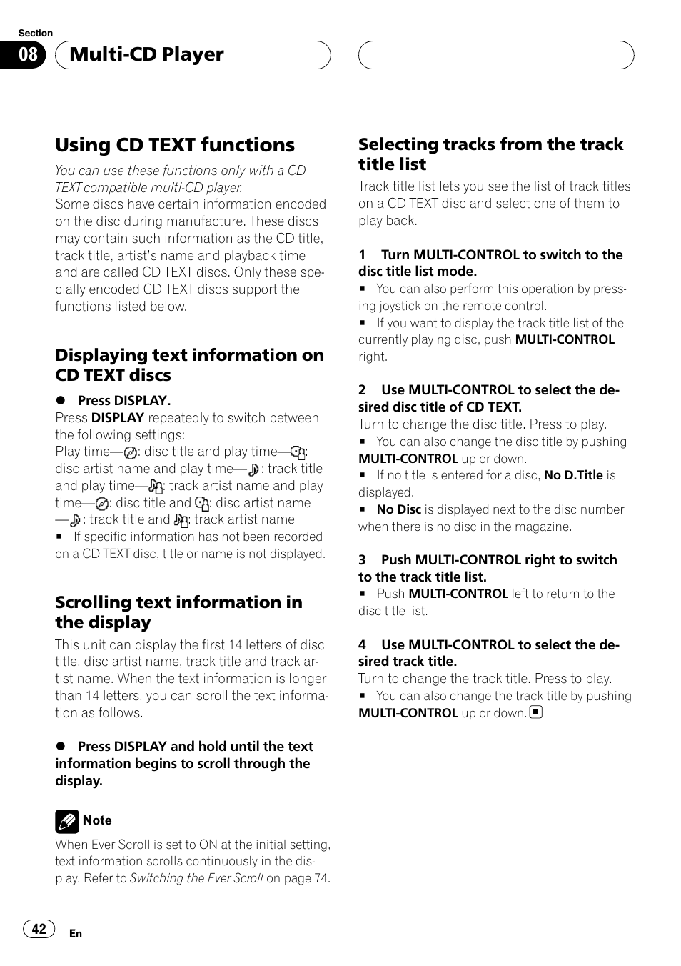 Using cd text functions, Displaying text information on cd text, Discs | Scrolling text information in the, Display, Selecting tracks from the track title, List, Multi-cd player, Displaying text information on cd text discs, Scrolling text information in the display | Pioneer DEH-P88RS-II User Manual | Page 42 / 180