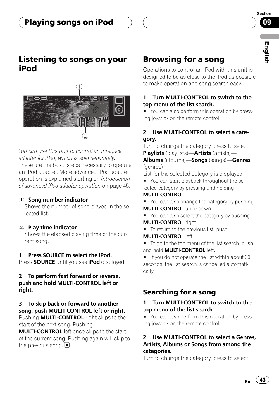 Browsing for a song, Searching for a song 43, Listening to songs on your ipod | Playing songs on ipod | Pioneer DEH-P88RS-II User Manual | Page 43 / 180