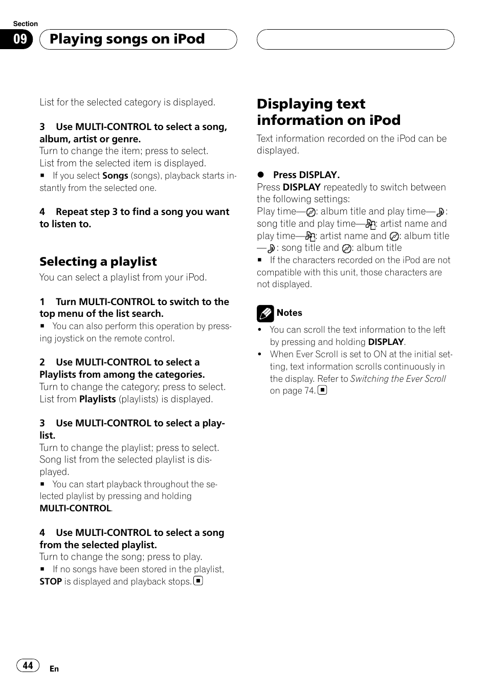 Selecting a playlist 44, Displaying text information on ipod, Playing songs on ipod | Selecting a playlist | Pioneer DEH-P88RS-II User Manual | Page 44 / 180