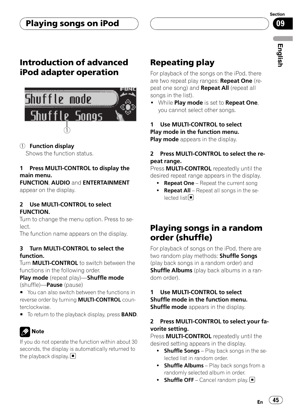 Introduction of advanced ipod adapter, Operation, Repeating play | Playing songs in a random order, Shuffle), Introduction of advanced ipod adapter operation, Playing songs in a random order (shuffle), Playing songs on ipod | Pioneer DEH-P88RS-II User Manual | Page 45 / 180
