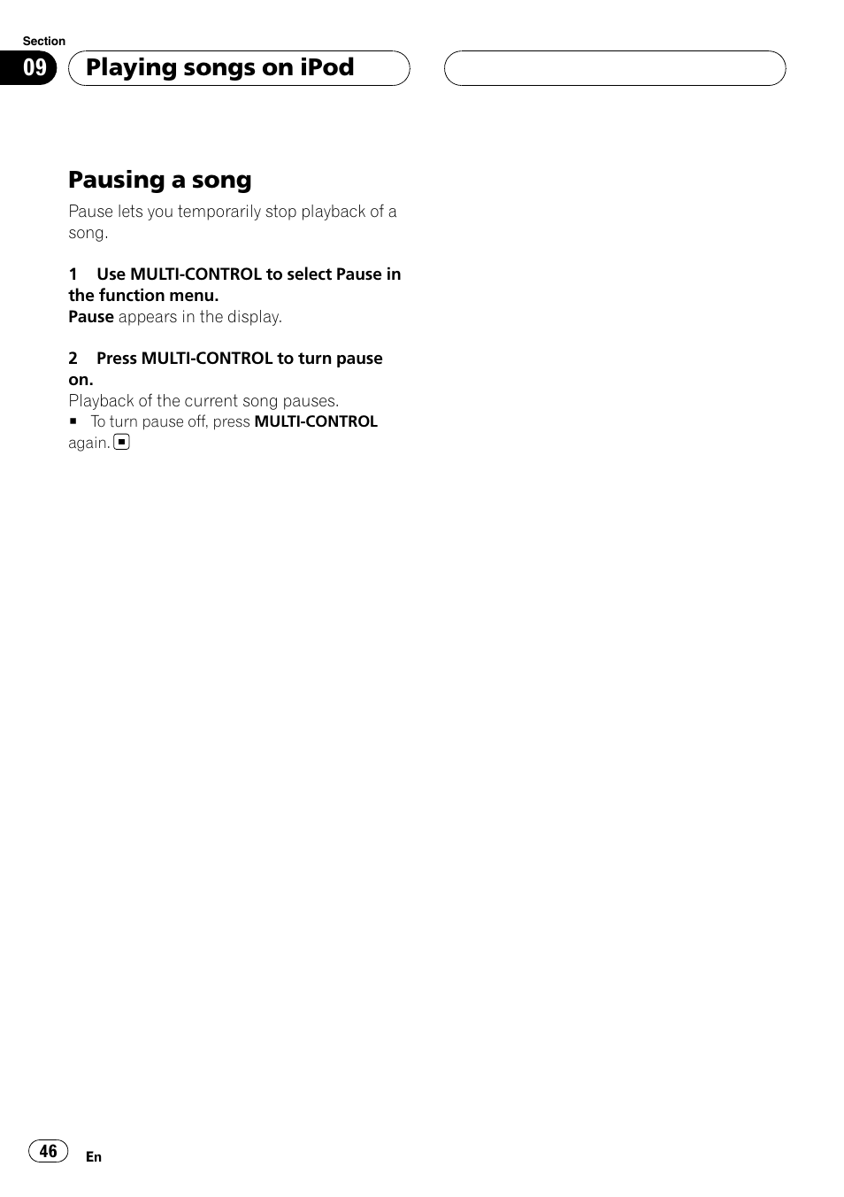 Pausing a song, Playing songs on ipod | Pioneer DEH-P88RS-II User Manual | Page 46 / 180