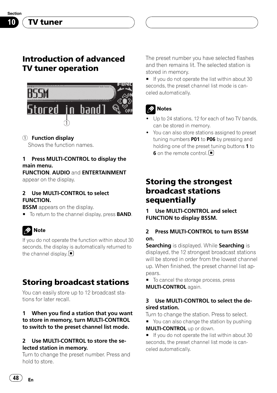 Introduction of advanced tv tuner, Operation, Storing broadcast stations | Storing the strongest broadcast stations, Sequentially, Introduction of advanced tv tuner operation, Tv tuner | Pioneer DEH-P88RS-II User Manual | Page 48 / 180