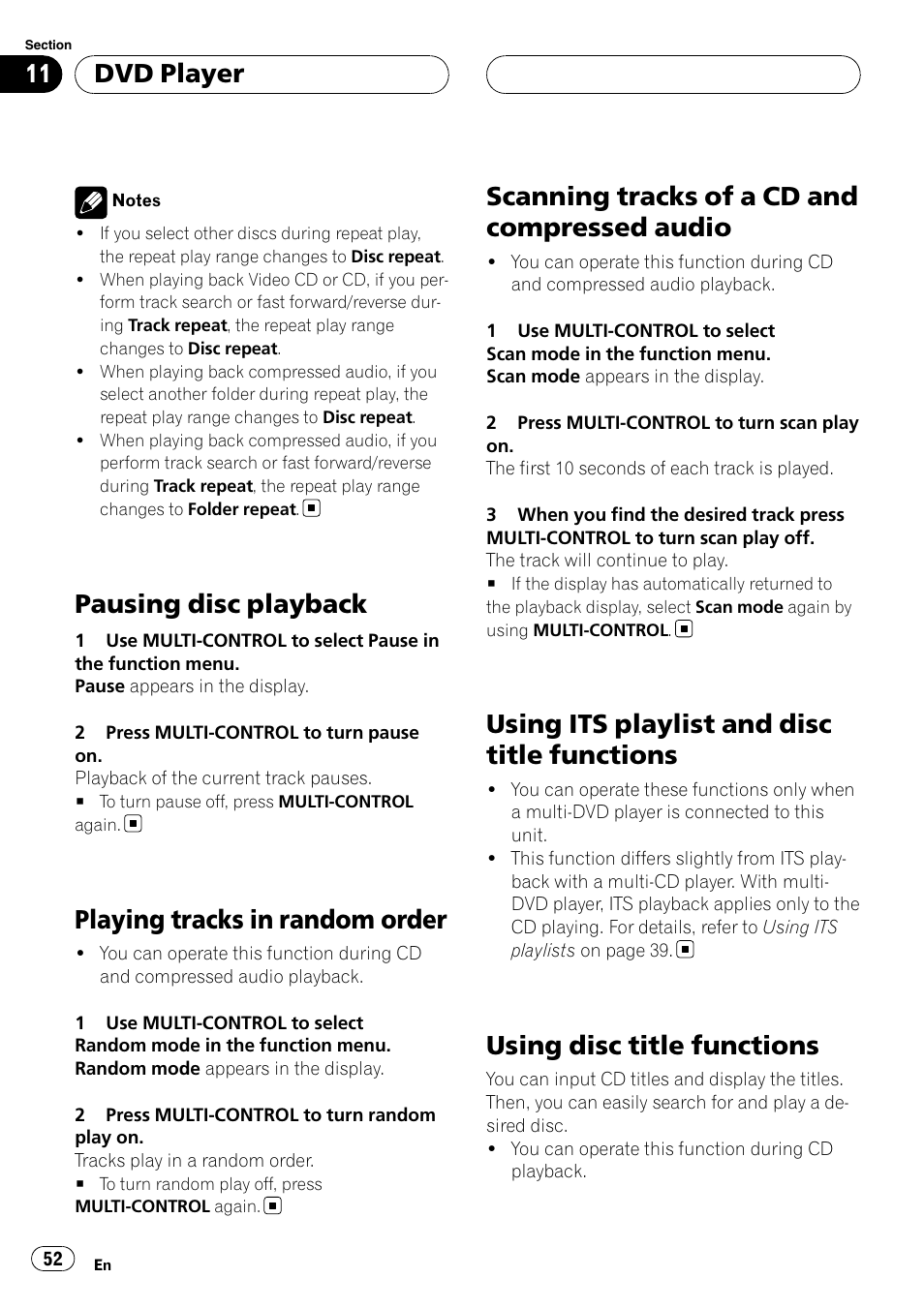 Pausing disc playback, Playing tracks in random order, Scanning tracks of a cd and compressed | Audio, Using its playlist and disc title functions, Using disc title functions, Scanning tracks of a cd and compressed audio, Dvd player | Pioneer DEH-P88RS-II User Manual | Page 52 / 180