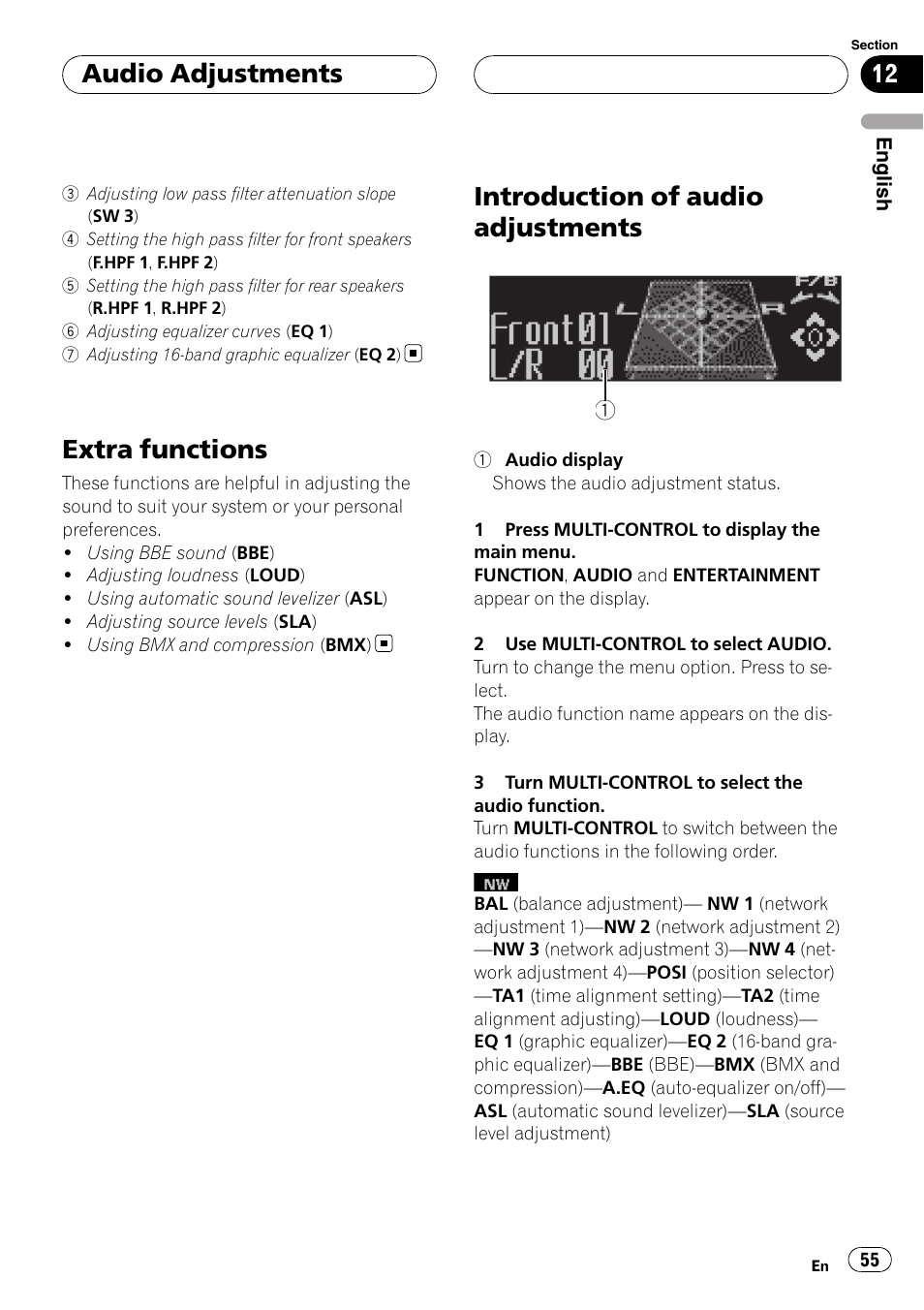 Extra functions, Introduction of audio adjustments, Audio adjustments | Pioneer DEH-P88RS-II User Manual | Page 55 / 180