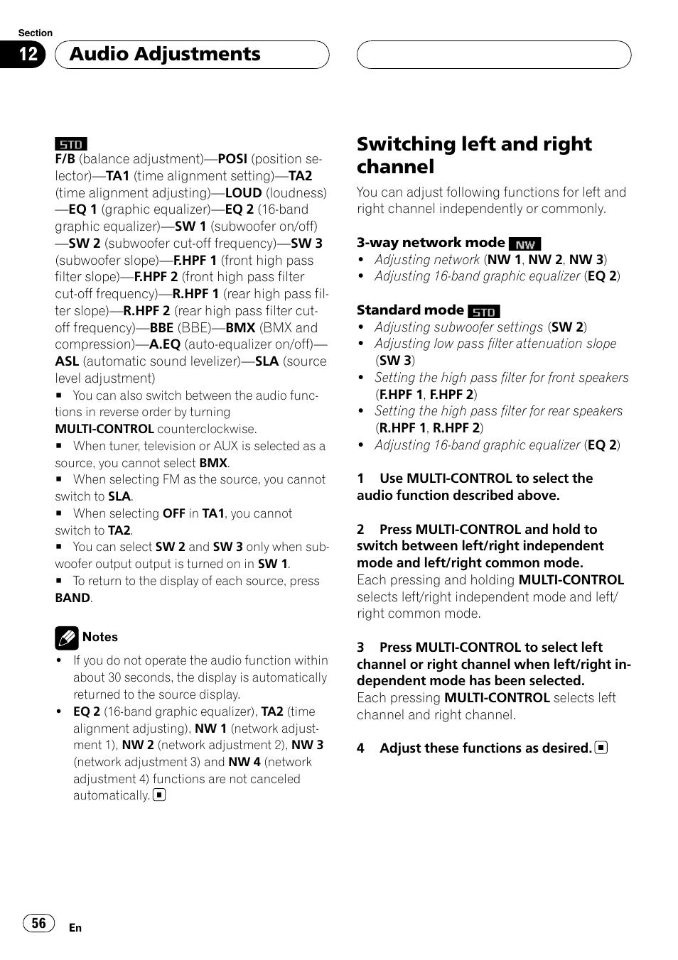 Switching left and right channel, Audio adjustments | Pioneer DEH-P88RS-II User Manual | Page 56 / 180