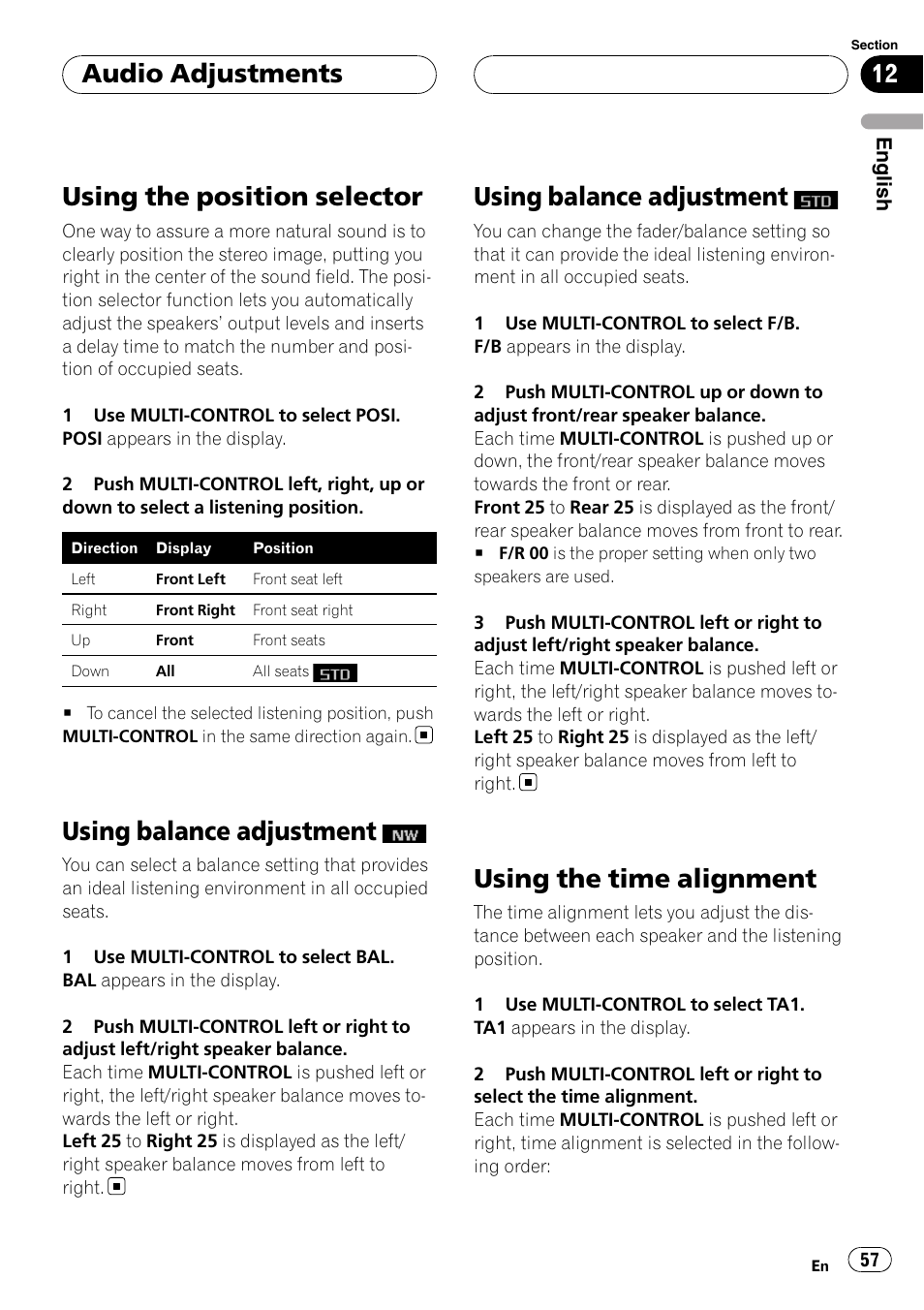 Using the position selector, Using balance adjustment, Using the time alignment | Audio adjustments | Pioneer DEH-P88RS-II User Manual | Page 57 / 180