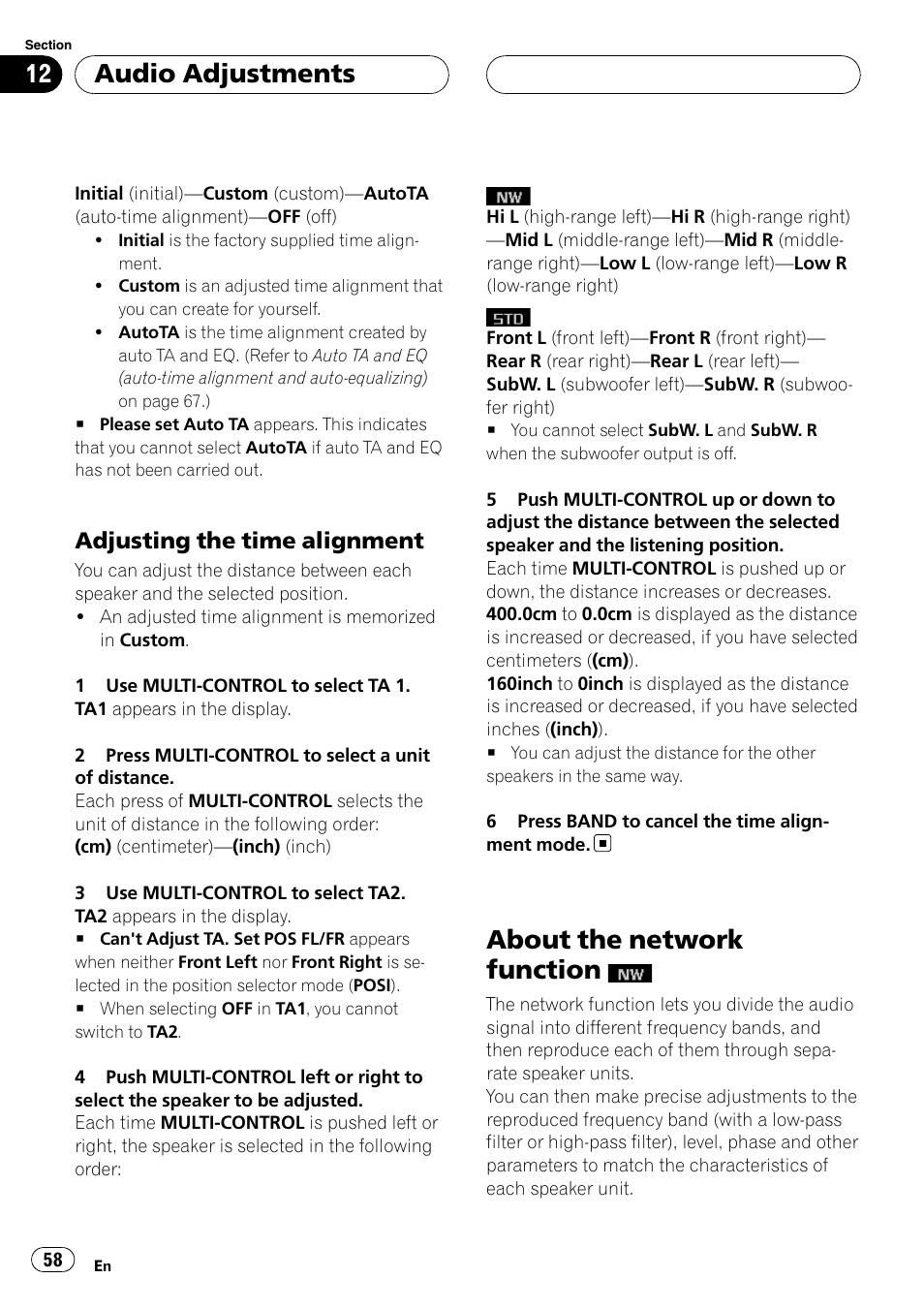 Adjusting the time alignment 58, About the network function, Adjusting the time alignment | Audio adjustments | Pioneer DEH-P88RS-II User Manual | Page 58 / 180