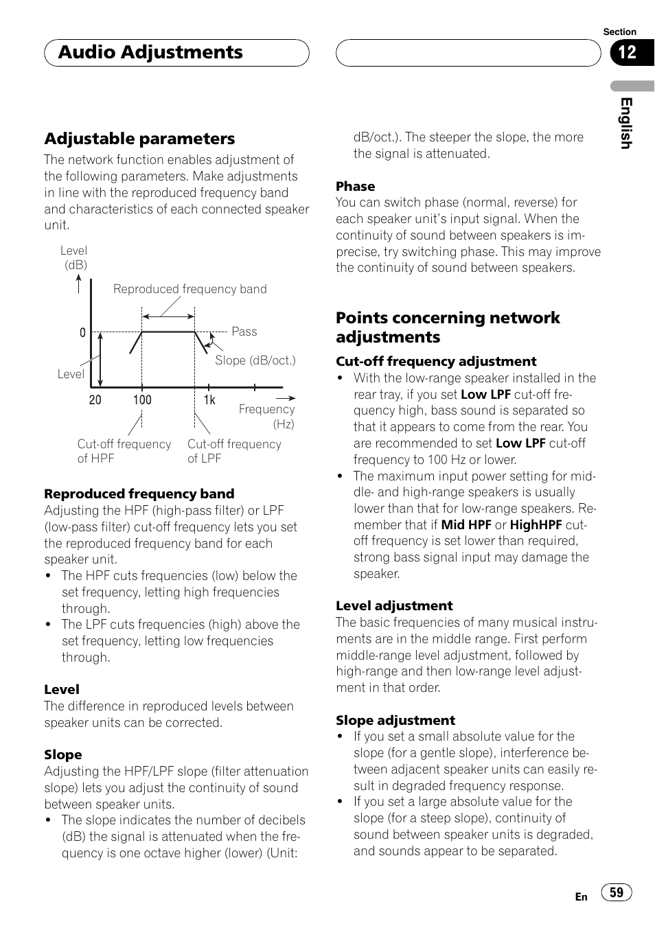 Adjustable parameters 59, Points concerning network, Adjustments | Audio adjustments, Adjustable parameters, Points concerning network adjustments | Pioneer DEH-P88RS-II User Manual | Page 59 / 180