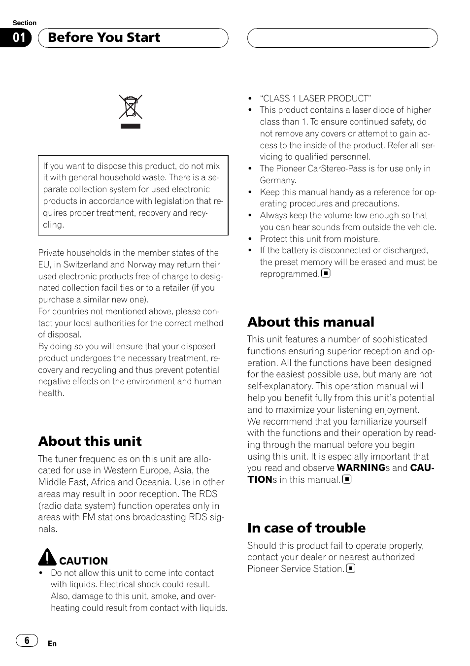 Before you start, About this unit, About this manual | In case of trouble | Pioneer DEH-P88RS-II User Manual | Page 6 / 180