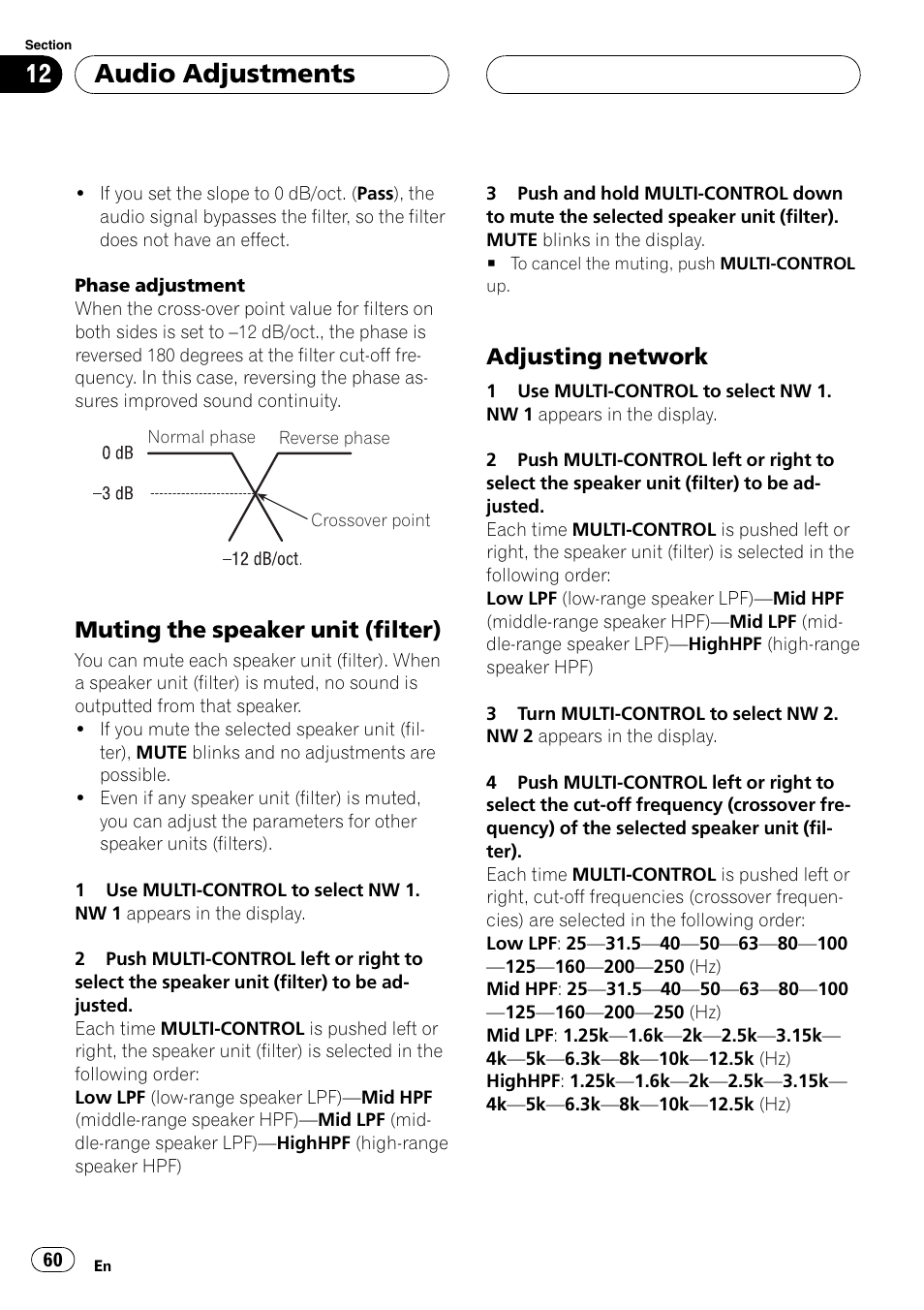 Muting the speaker unit (filter) 60, Adjusting network 60, Adjusting network | Audio adjustments, Muting the speaker unit (filter) | Pioneer DEH-P88RS-II User Manual | Page 60 / 180
