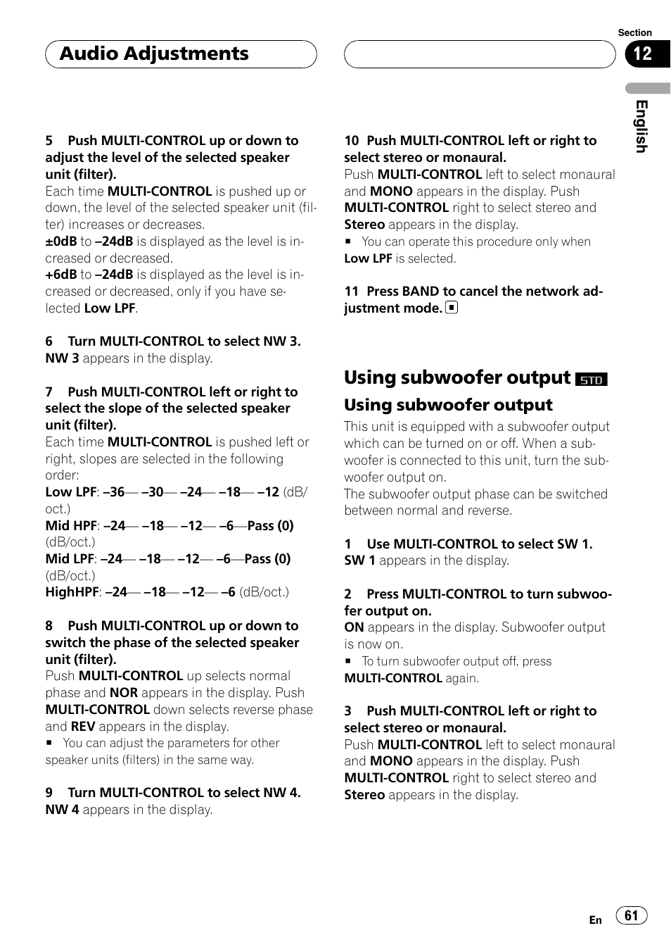 Using subwoofer output, Using subwoofer output 61, Audio adjustments | Pioneer DEH-P88RS-II User Manual | Page 61 / 180