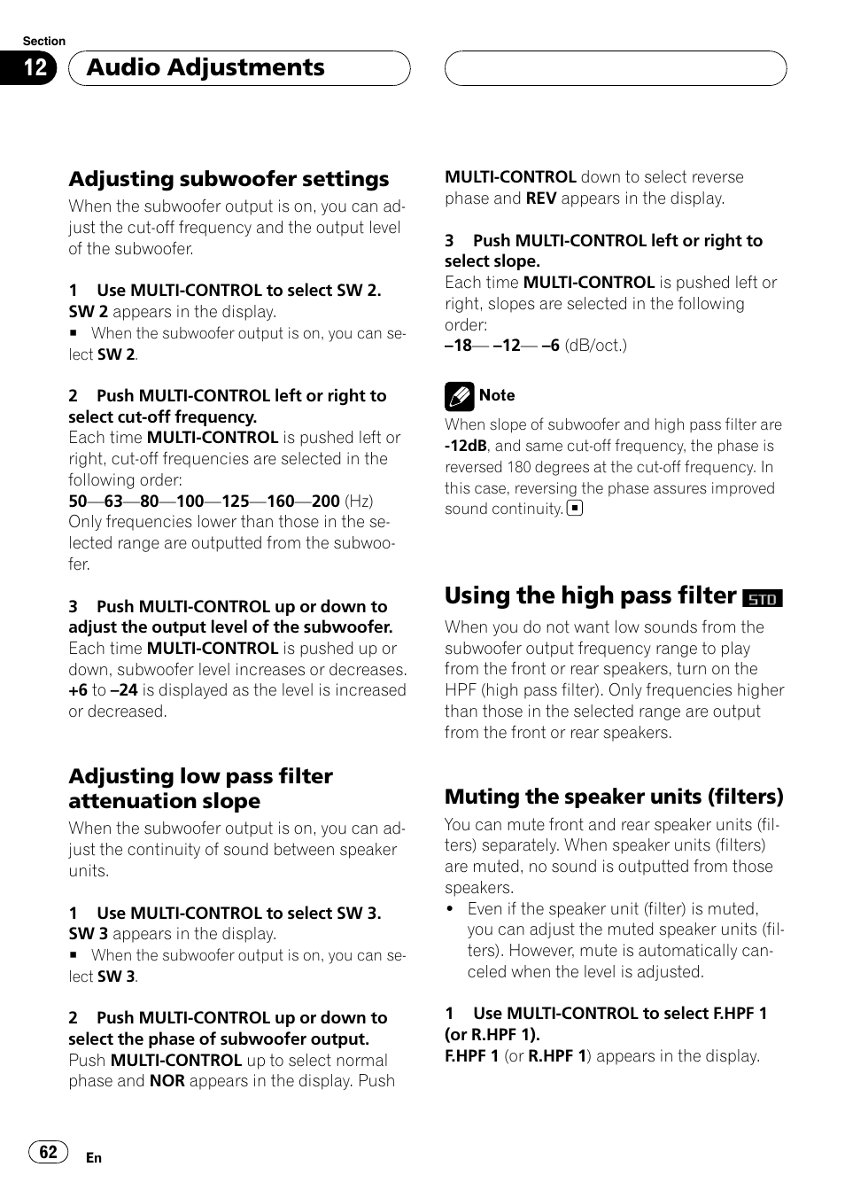 Adjusting subwoofer settings 62, Adjusting low pass filter attenuation, Slope | Using the high pass filter, Muting the speaker units (filters) 62, Adjusting subwoofer settings, Adjusting low pass filter attenuation slope, Audio adjustments, Muting the speaker units (filters) | Pioneer DEH-P88RS-II User Manual | Page 62 / 180