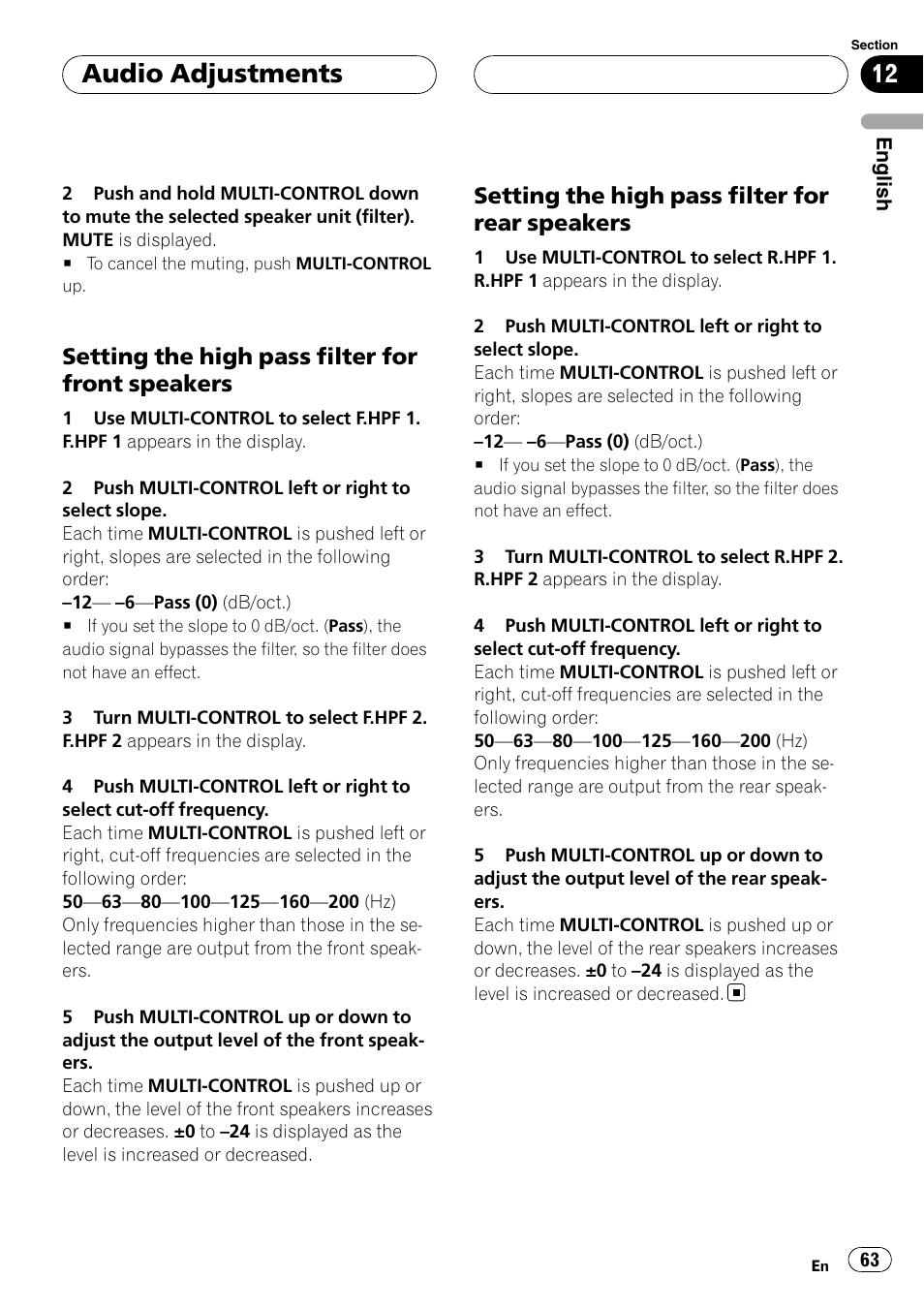 Setting the high pass filter for front, Speakers, Setting the high pass filter for rear | Setting the high pass filter for front speakers, Setting the high pass filter for rear speakers, Audio adjustments | Pioneer DEH-P88RS-II User Manual | Page 63 / 180