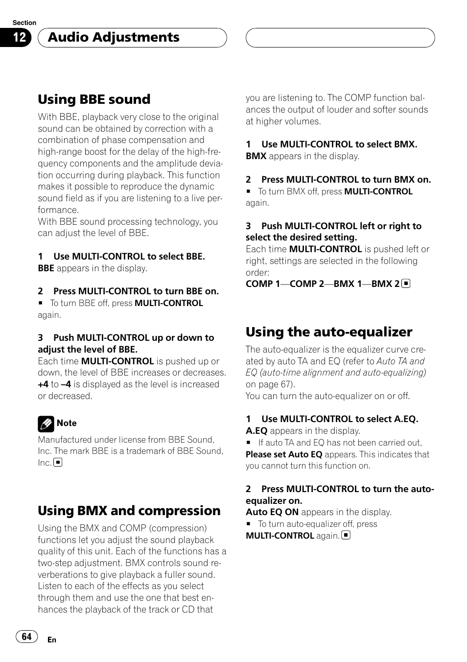 Using bbe sound, Using bmx and compression, Using the auto-equalizer | Audio adjustments | Pioneer DEH-P88RS-II User Manual | Page 64 / 180