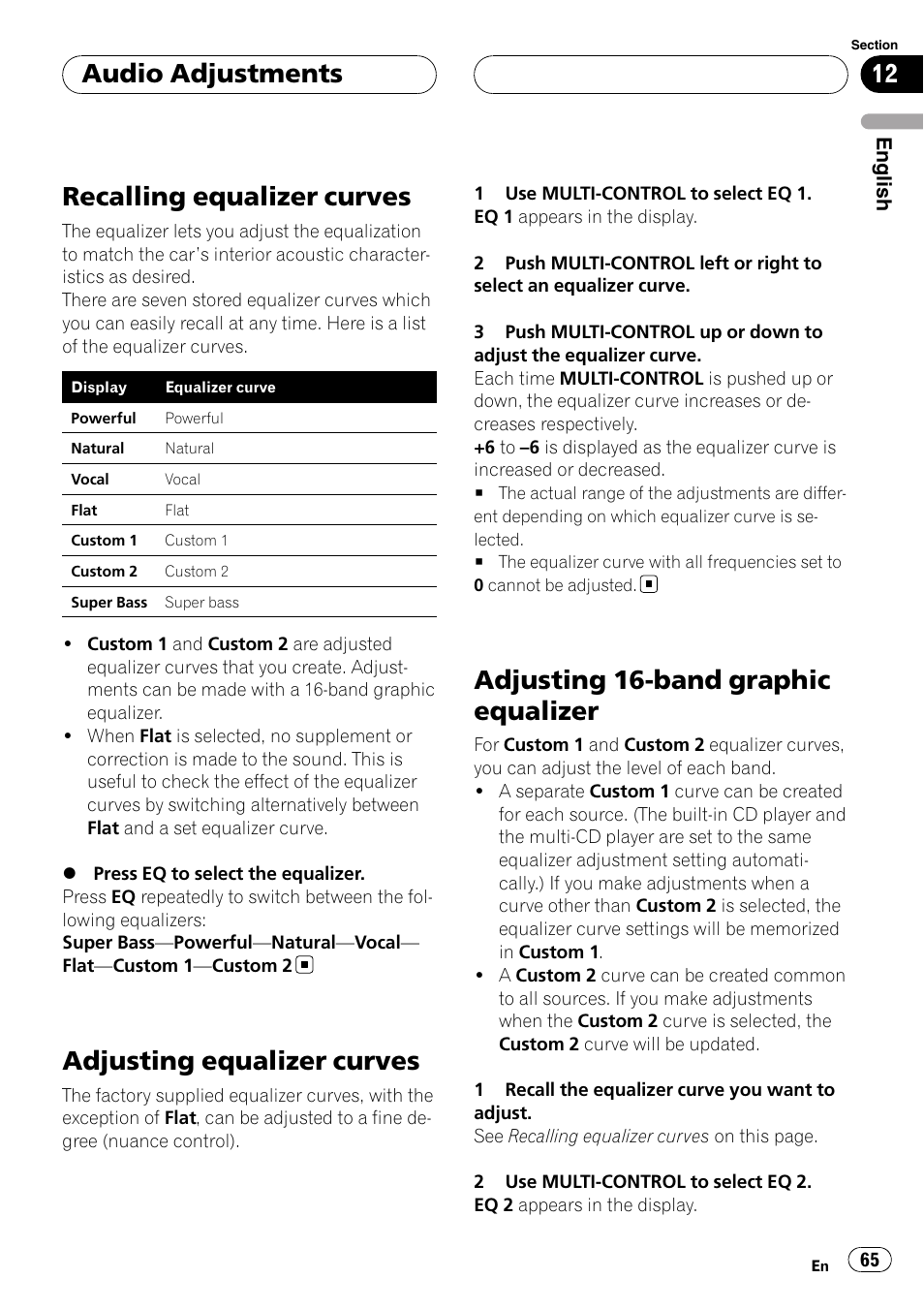 Recalling equalizer curves, Adjusting equalizer curves, Adjusting 16-band graphic equalizer | Audio adjustments | Pioneer DEH-P88RS-II User Manual | Page 65 / 180