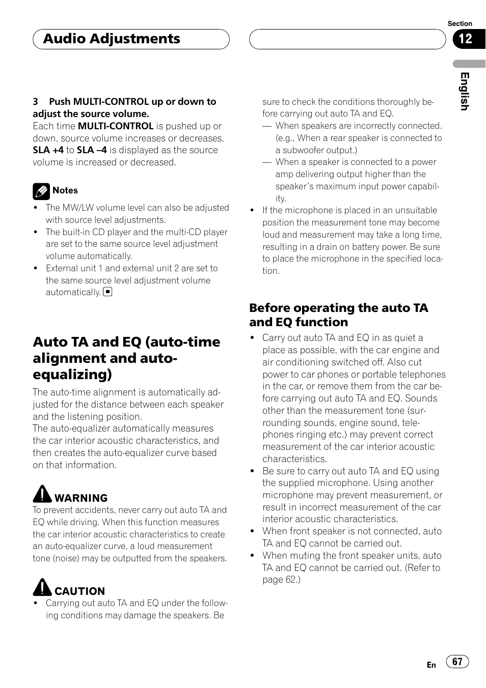 Auto ta and eq (auto-time alignment and, Auto-equalizing), Before operating the auto ta and eq | Function, Auto ta and eq (auto-time alignment and auto, Equalizing), Audio adjustments, Before operating the auto ta and eq function | Pioneer DEH-P88RS-II User Manual | Page 67 / 180