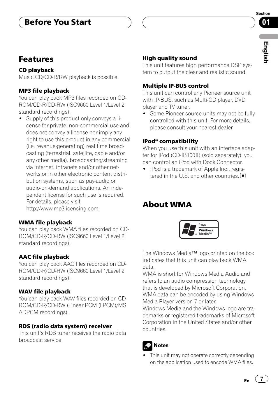 Features, About wma, Before you start | Pioneer DEH-P88RS-II User Manual | Page 7 / 180