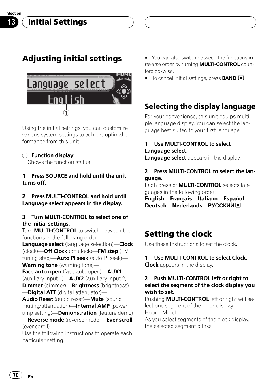 Initial settings adjusting initial settings, Selecting the display language, Setting the clock | Initial settings, Adjusting initial settings | Pioneer DEH-P88RS-II User Manual | Page 70 / 180